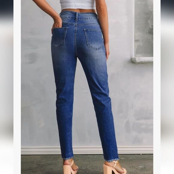 Amazon Straight Jeans, High Waist, Zip & Double Button, Dark Wash, Rough Hem, 8 - Picture 9 of 12